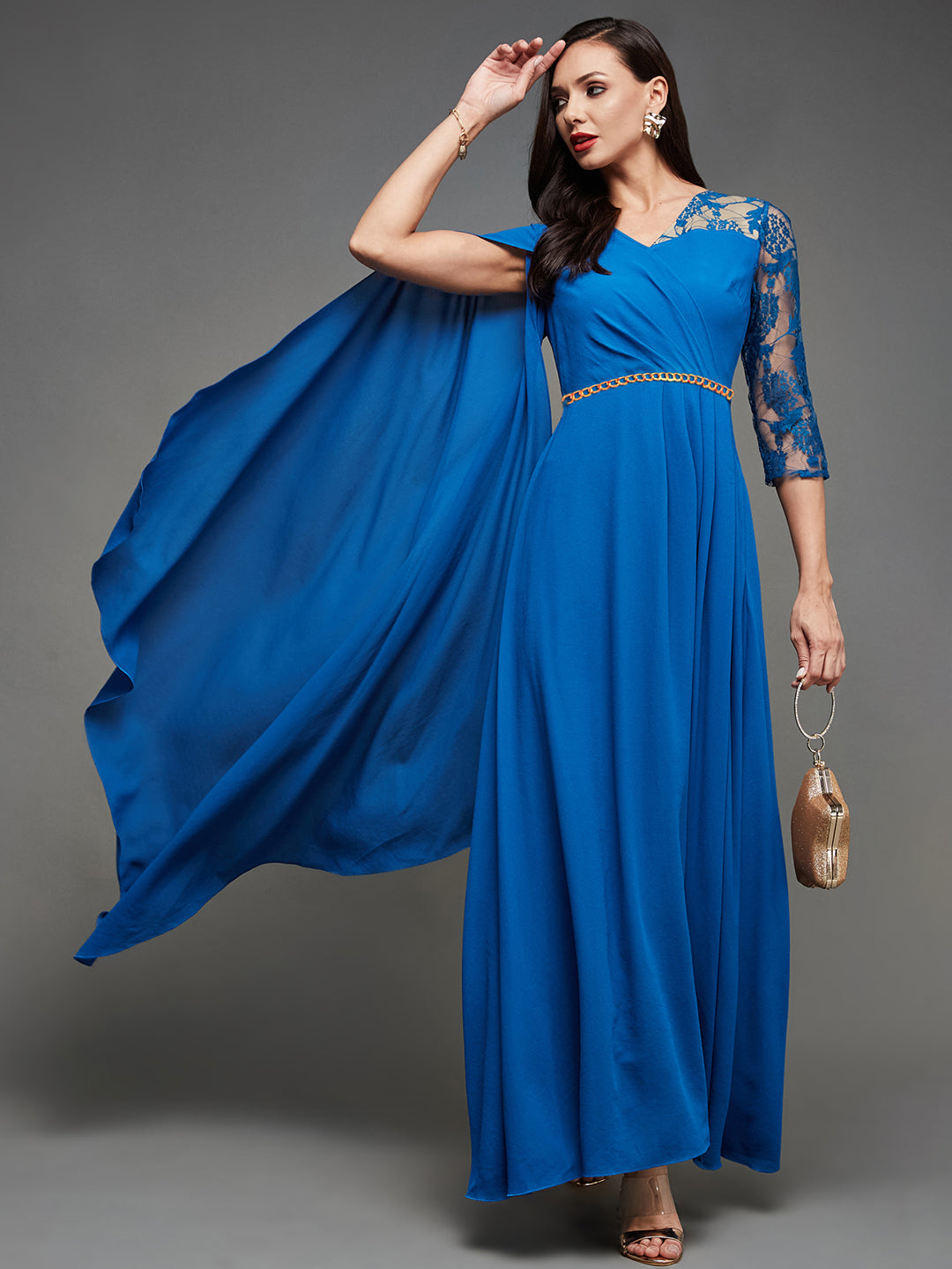 Women's Royal Blue V-Neck Asymmetric Embellished Maxi Georgette Dress