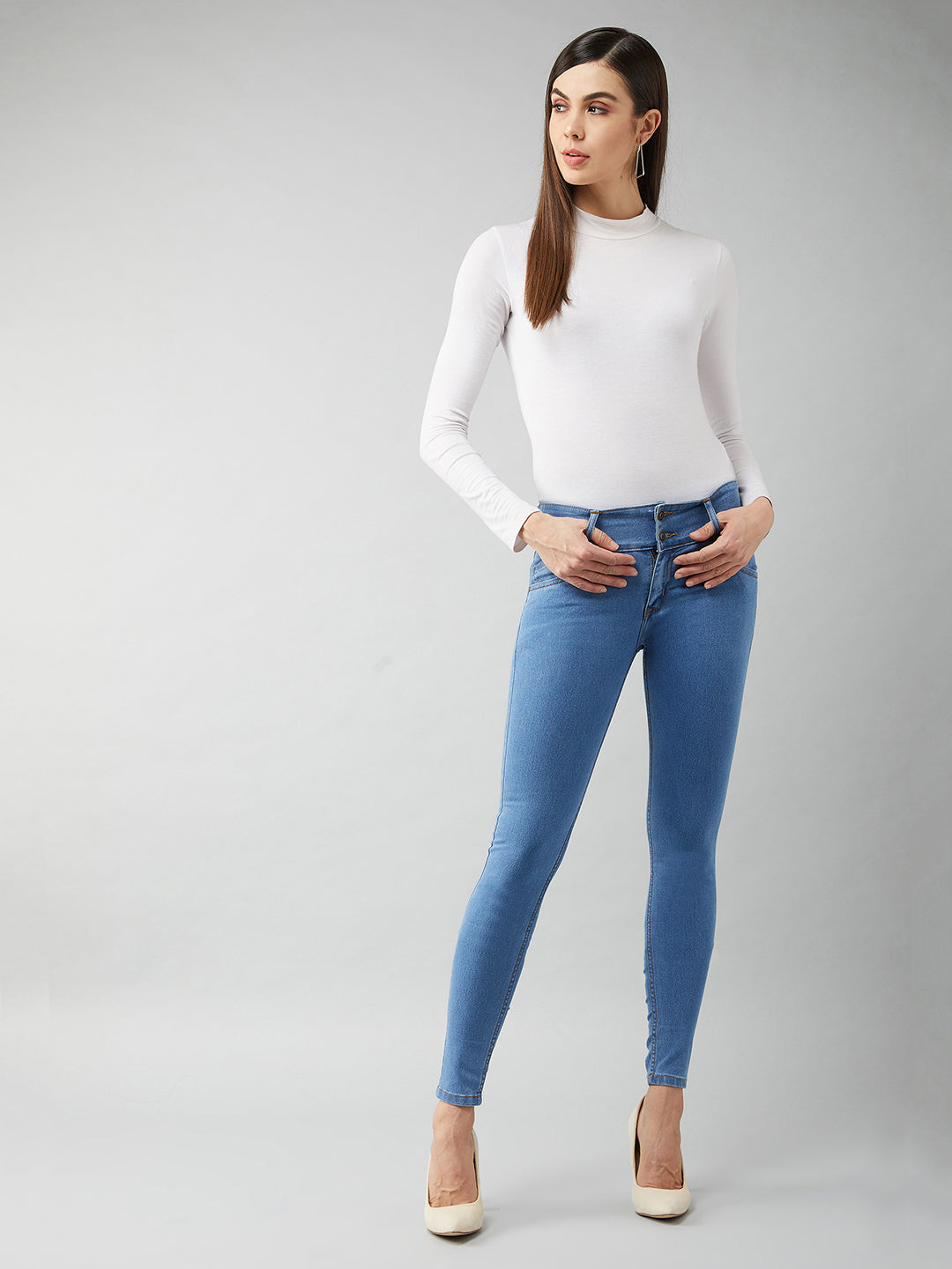 Women's Blue Skinny Fit High Rise Clean Look Regular Length Ice Wash Stretchable High Waist Denim Jeans