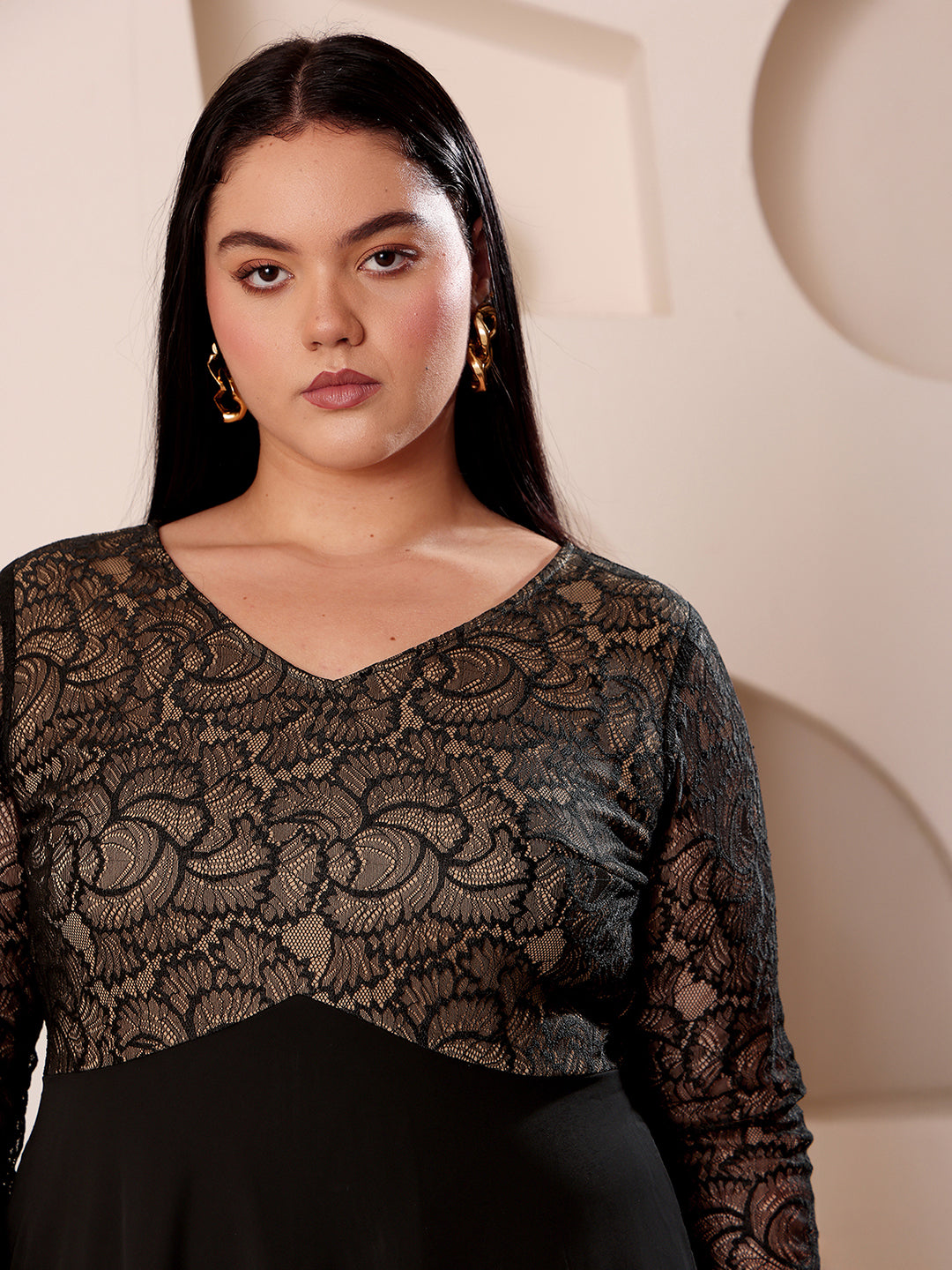 Women's Black V-Neck Full-Sleeves Self-Design Lace-Overlaid Georgette Maxi Dress