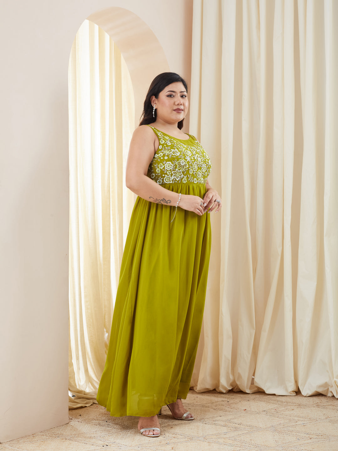 Lemon Green Boat Neck Sleeveless Embroidered Georgette Gathered Maxi Dress for Women