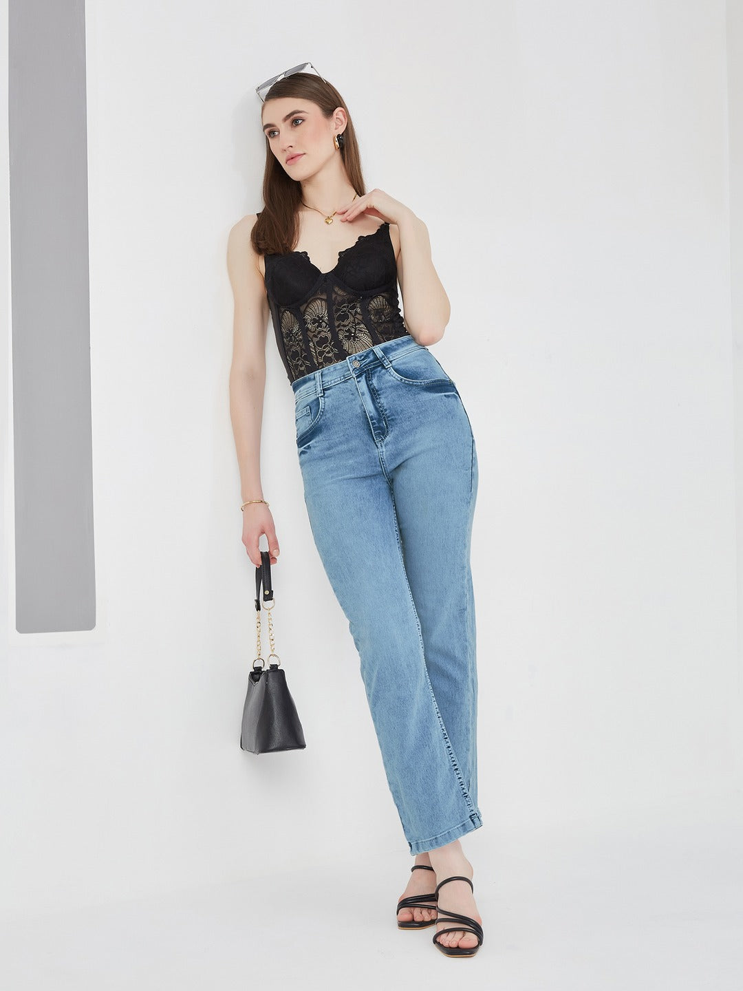 Light Blue Wide-Leg Fit high-rise Stretchable Denim Jeans for Women