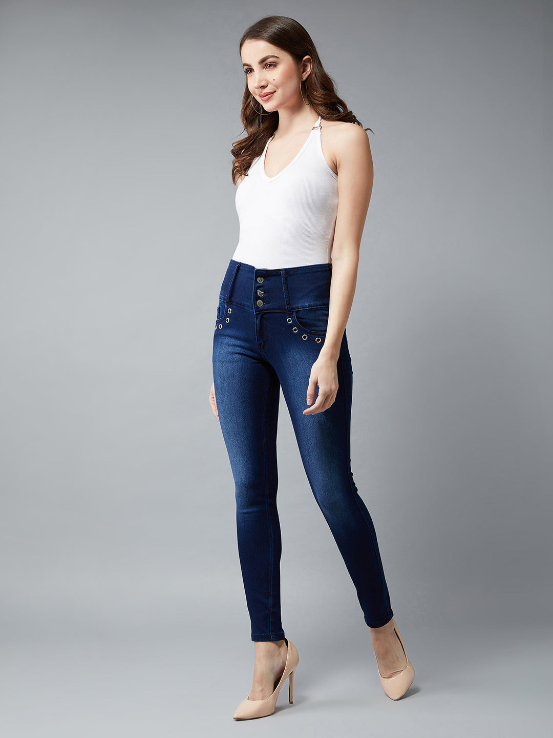 Women's Navy Blue Skinny Fit High Rise Regular Length Stretchable Denim Pants