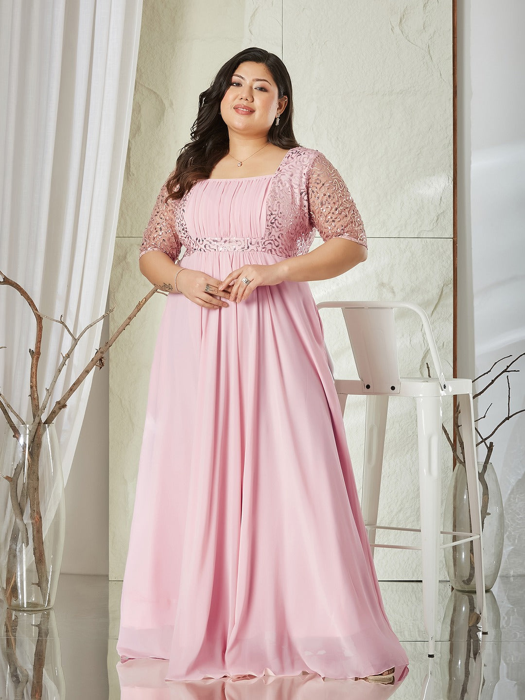 Dusty Pink Square Neck Half Sleeve Solid Embellished Maxi Dress for Women