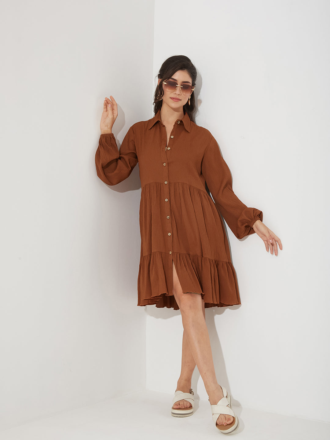 Rust Solid Polyester Shirt Dress with Balloon Sleeves and Tiered Hem for Women