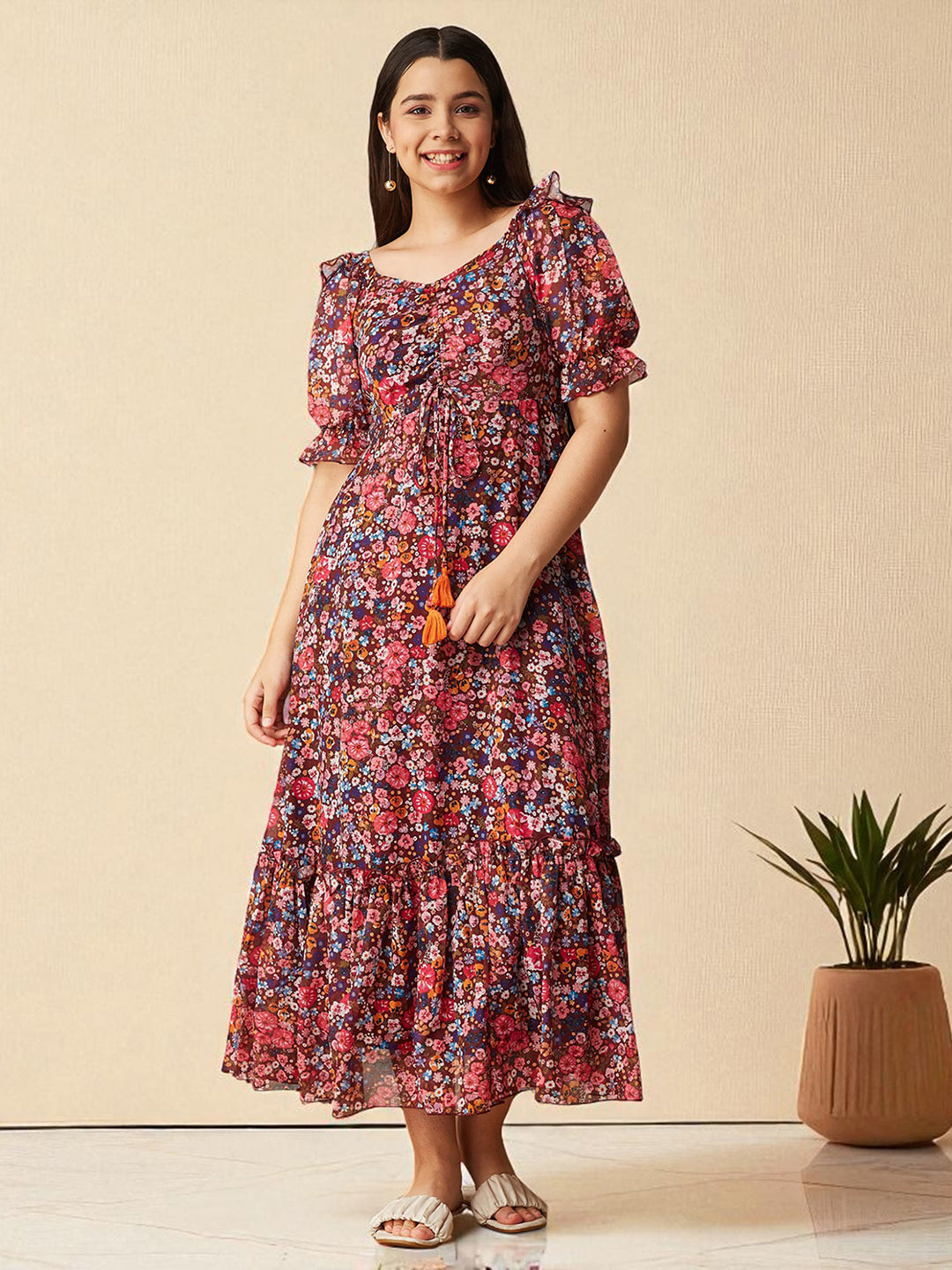 Multicolored-Base-Wine V-Neck Puff Sleeve Floral Ruching Ankle-Length Dress for Girls/Teenagers
