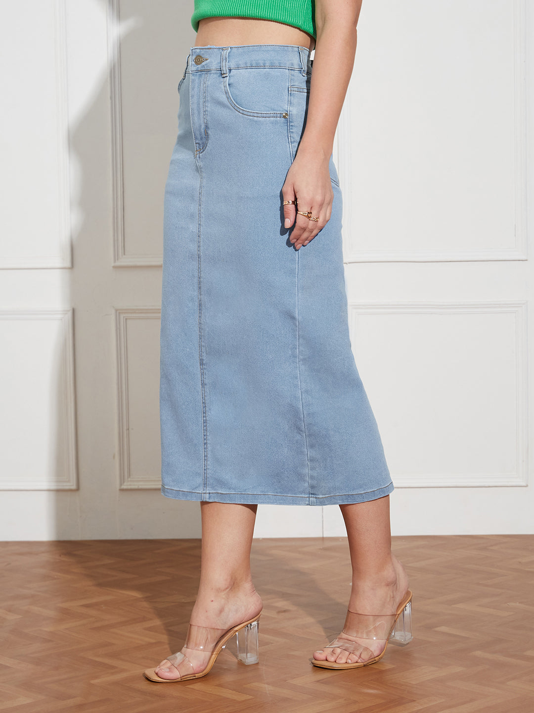 Women's Light Blue Straight High Rise Clean Look Midi Stretchable Denim Denim Skirt