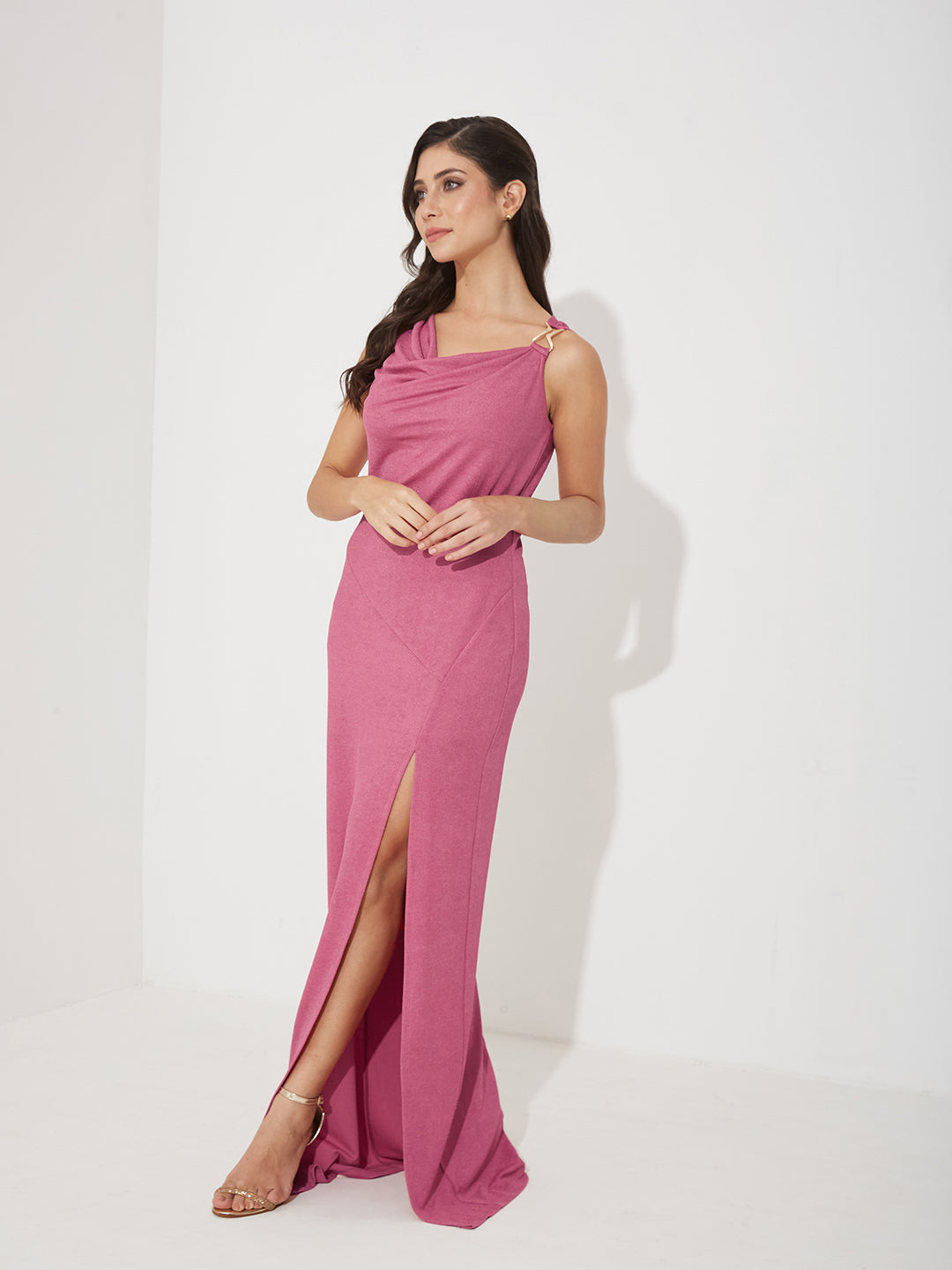 Women’s Pink Asymmetric Cowl Sleeveless Solid Bodycon Maxi Polyester Dress for Women