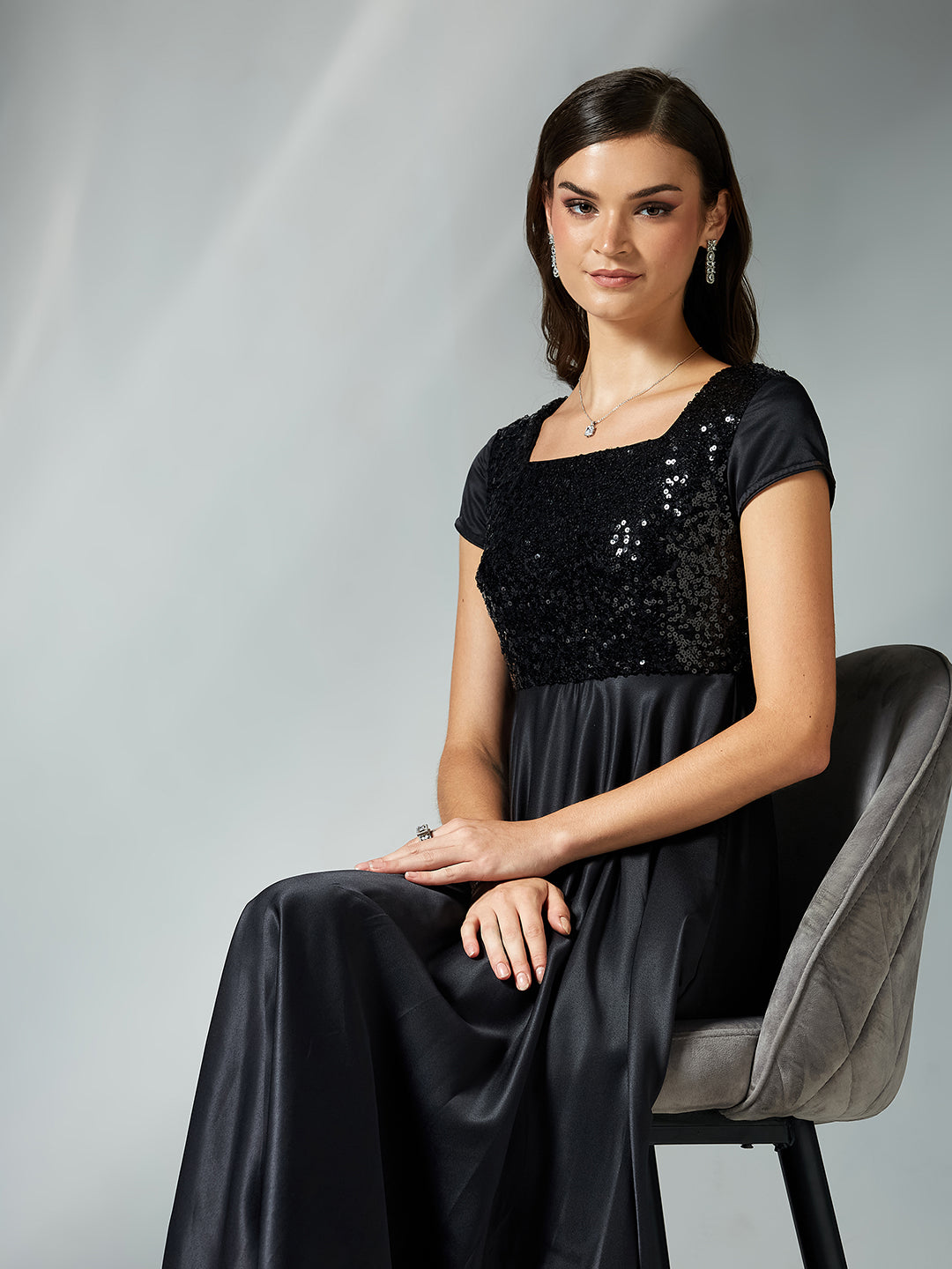 Women's Black Square Neck Short Sleeve Embellished Polyester Fit & Flare Maxi Dress