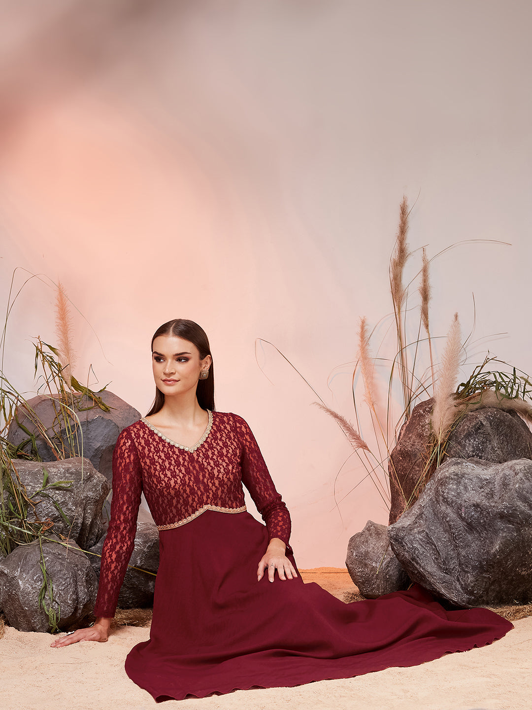 Women’s Maroon V-Neck Full-Sleeved Self-Design Fit & Flare Maxi Crepe Dress for Women