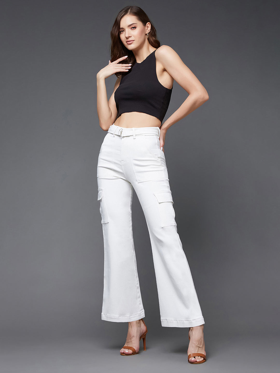 Women's White Wide Leg High Rise Clean Look Regular Stretchable Denim Jeans