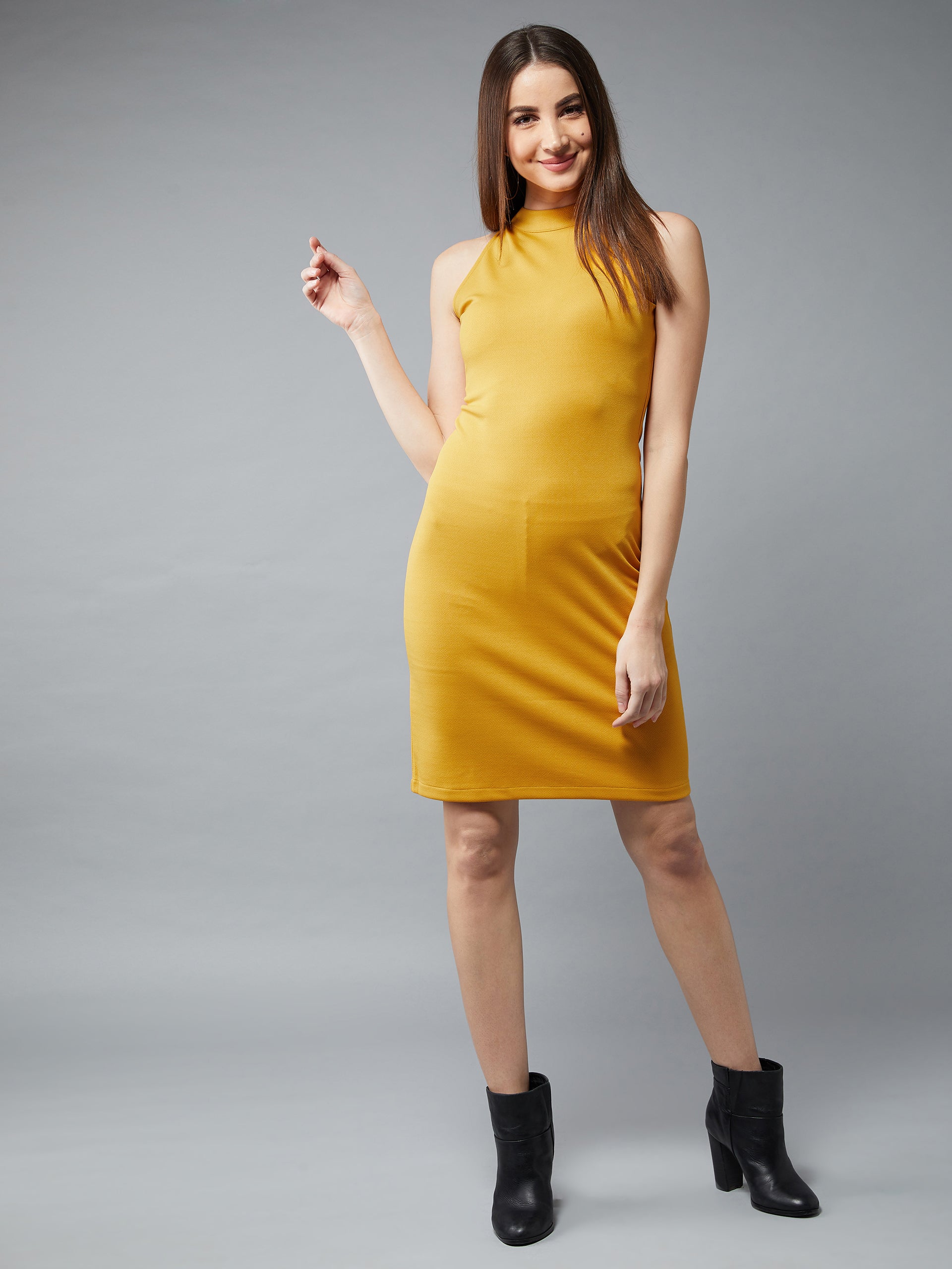 Women's Mustard Round Neck Sleeveless Solid Bodycon Knee Long Dress