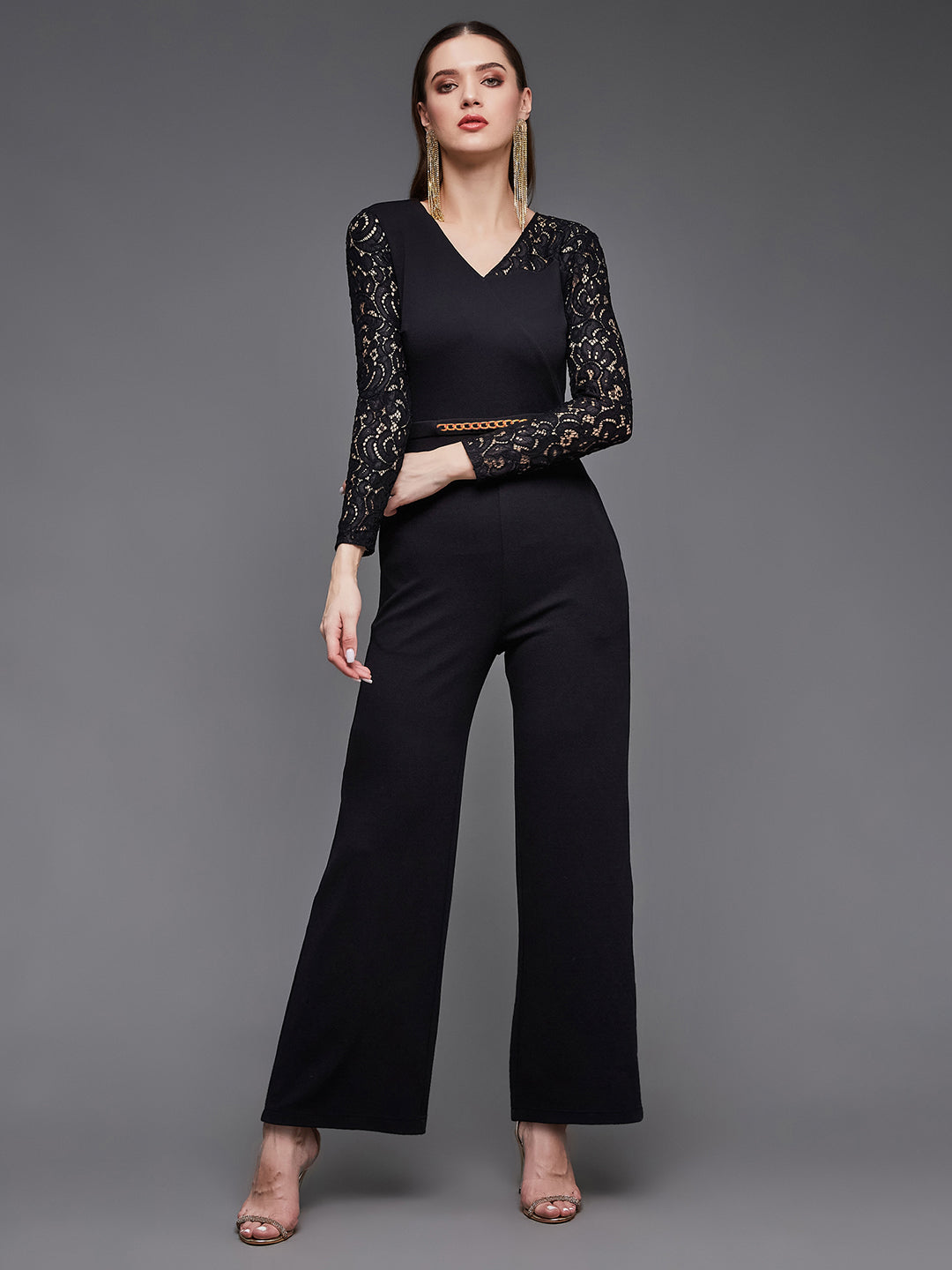 Women's Black V-Neck Full Sleeve Self-Designed Asymmetric Jumpsuit