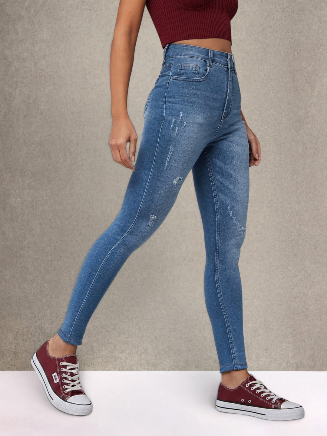 Blue Skinny High Rise Mild Distress Regular Stretchable Denim Jeans for Women