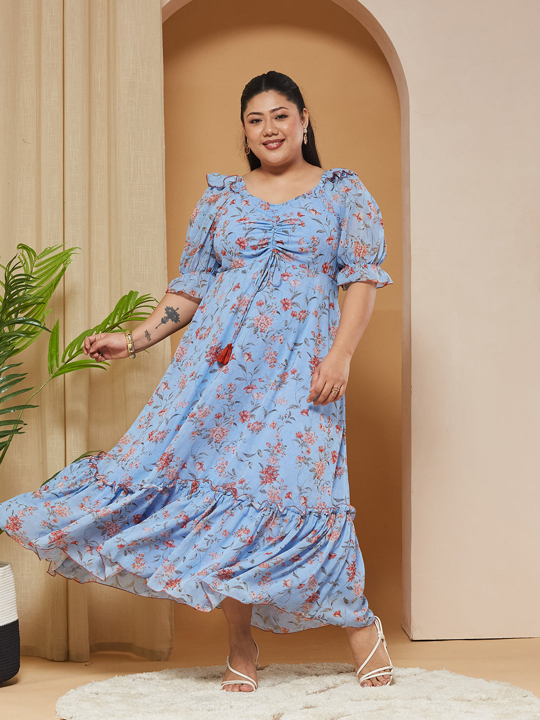 Multicolored-Base-Powder Blue V-Neck Puff-Sleeves Floral Ruching Ankle-Length Dress for Women