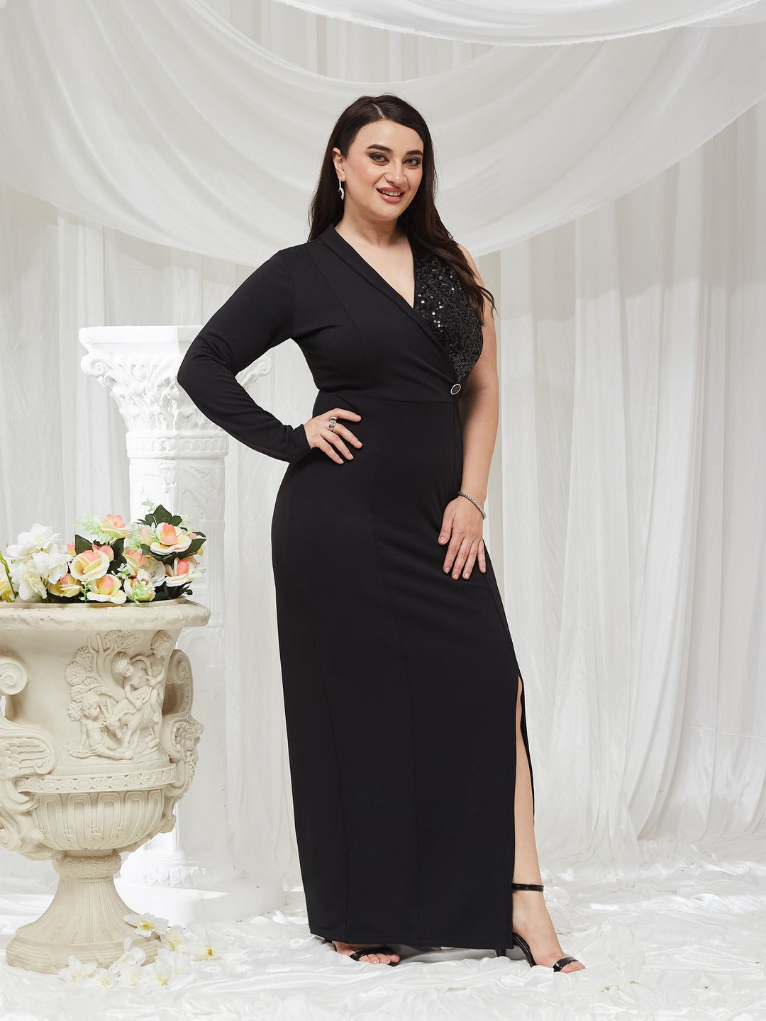 Black Solid Asymmetric Sequined Maxi Dress for Women