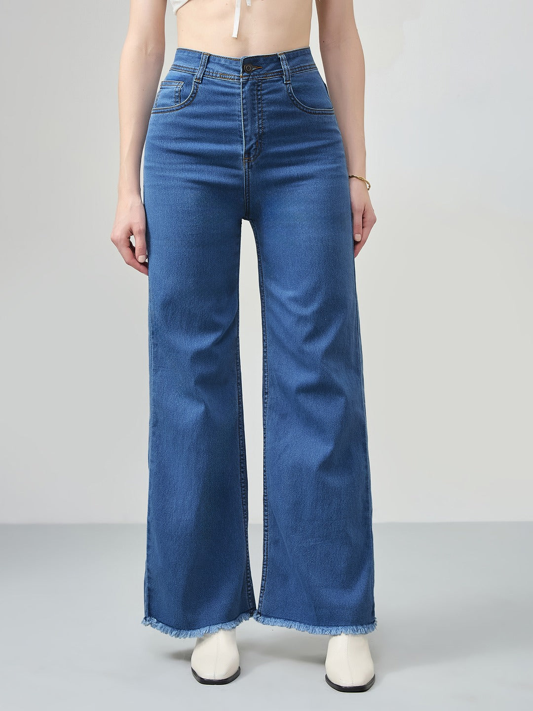 Mid Blue Wide-Leg High-Rise Stretchable Denim Jeans for Women