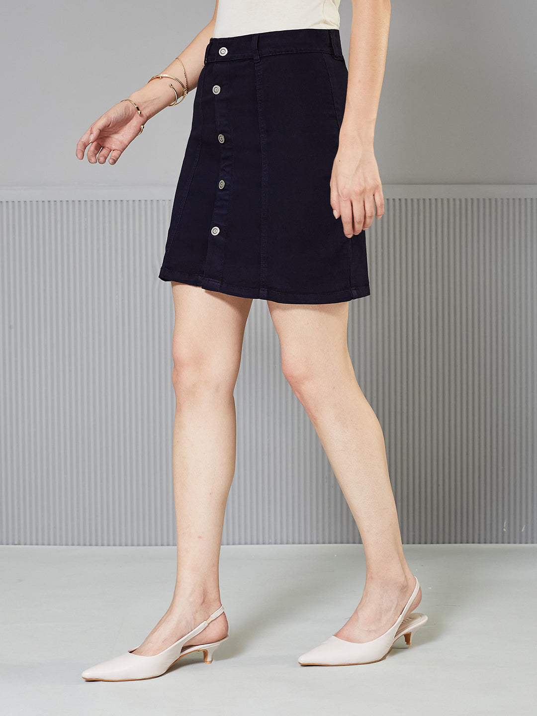 Navy-Blue Stretchable Solid A-line Mini Denim Skirt for Women