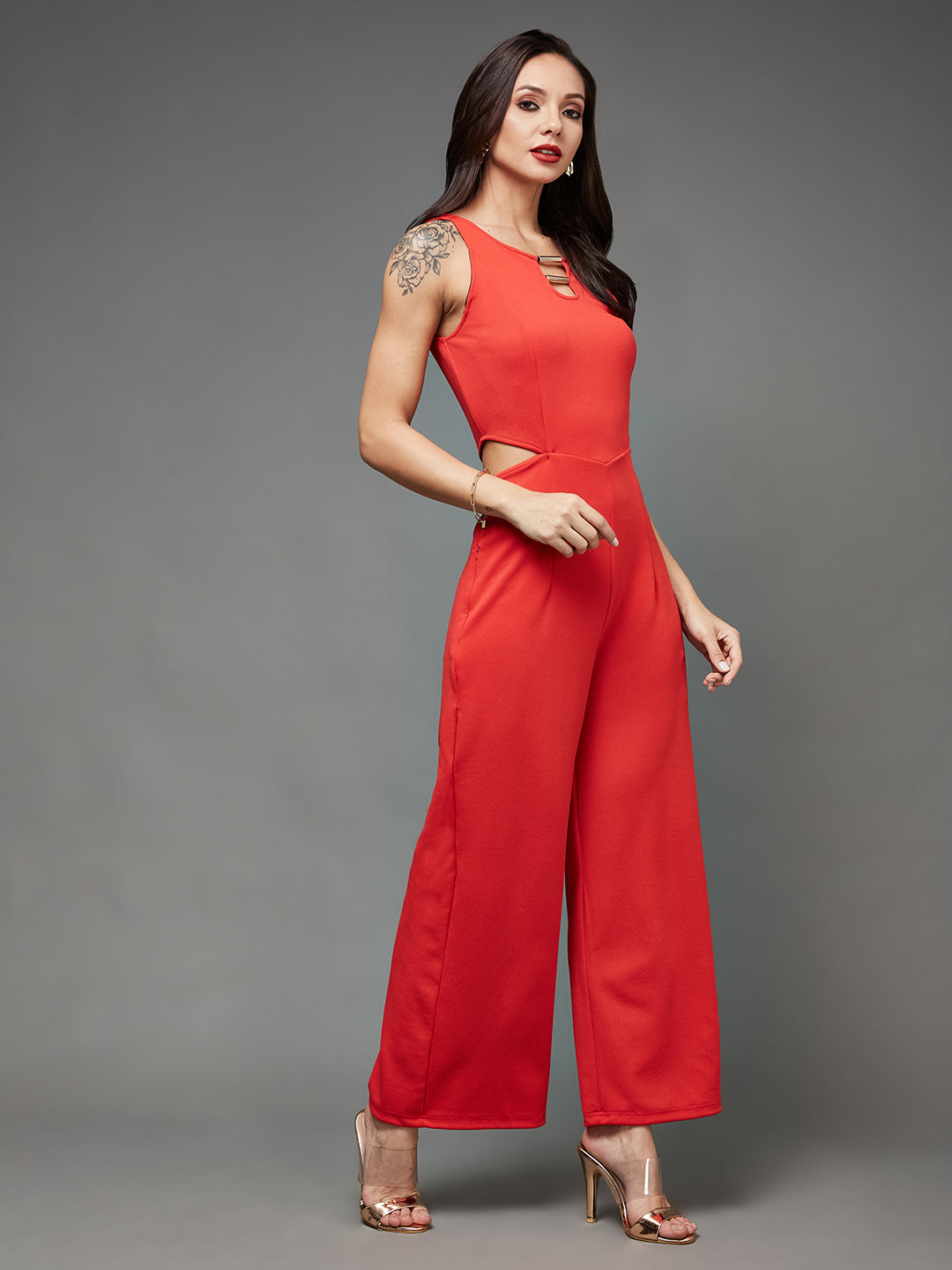 Crease Ease Women's Red Solid Slim Fit Round Neck Sleeveless Regular Length Waist Cut-Out Jumpsuit