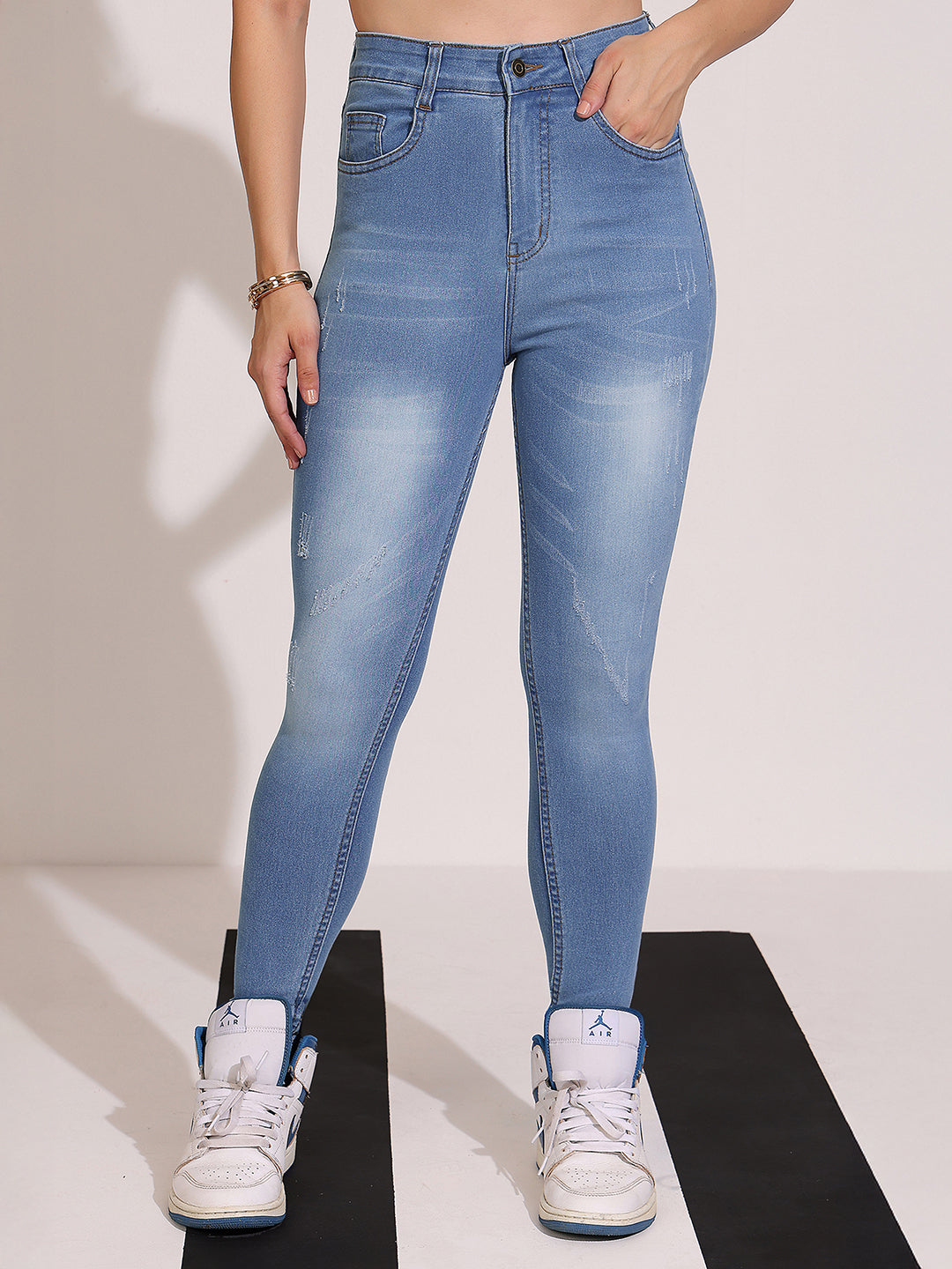 Women's Blue High-Rise Mildly-Distressed Regular-Length Stretchable Denim Skinny Jeans