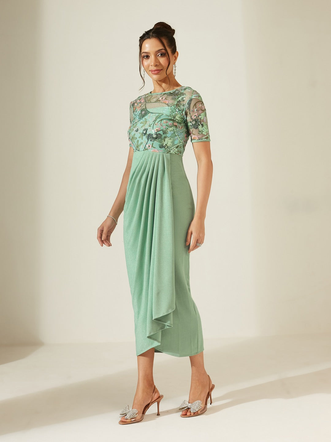 Mint Round-Neck Half-Sleeve Embroidered Draped Polyester Midi Dress for Women