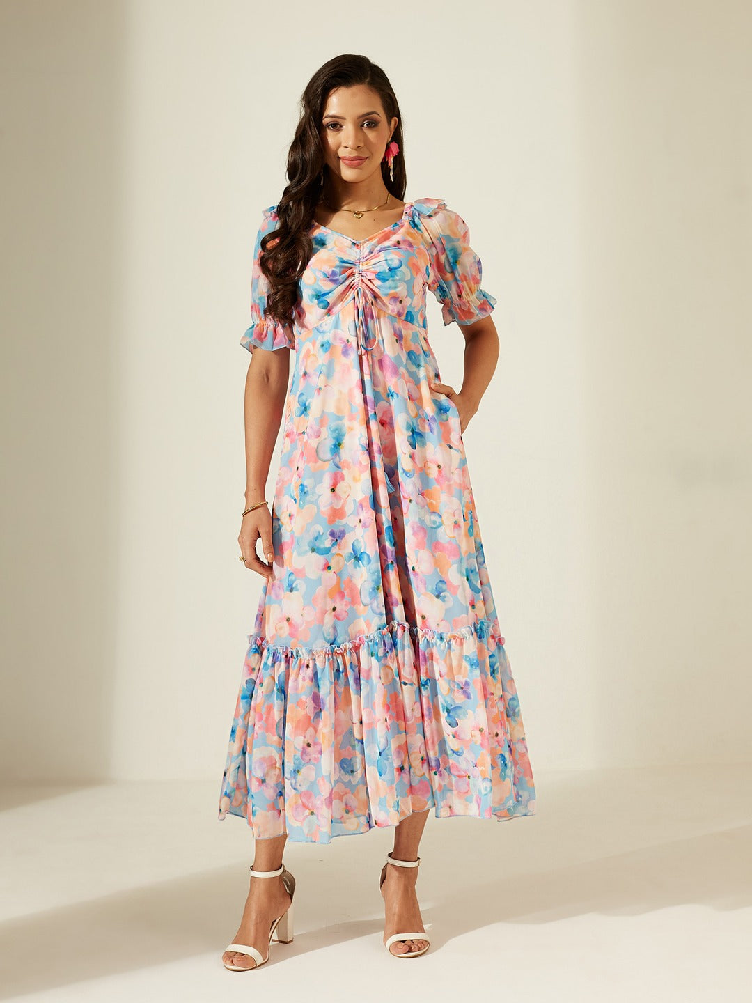 Sky Blue V-Neck Puff Sleeve Floral Ruching Ankle-Length Dress for Women