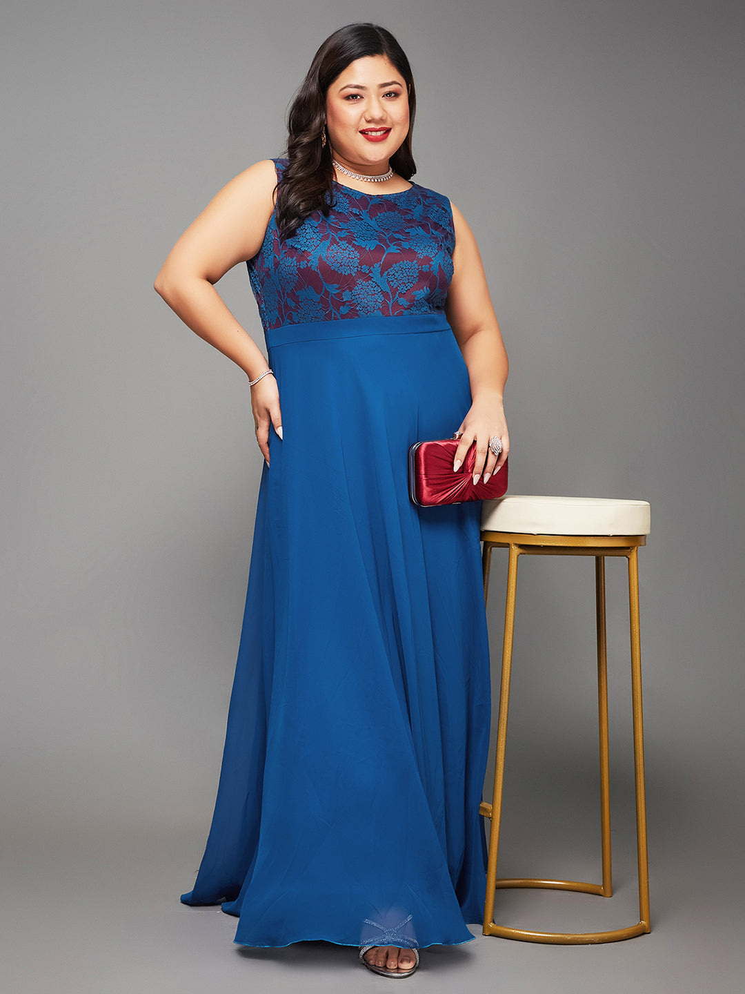 Women's Royal Blue Round Neck Sleeveless Georgette Floral Lace Fit & Flare Maxi Dress