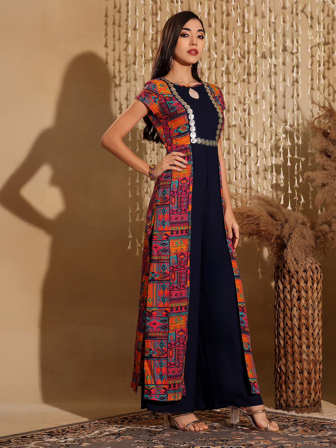 Women's Multicolored Keyhole-Neck Regular-Sleeve Bohemian Paneled Viscose-Rayon Regular-Length Jumpsuit