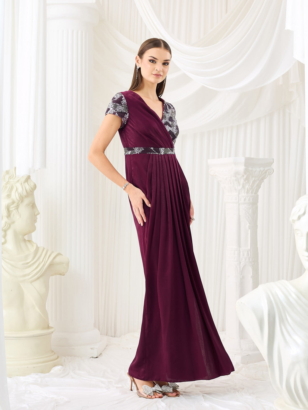 Wine V-Neck Gown in Embellished Pleated Lustrous Satin for Women