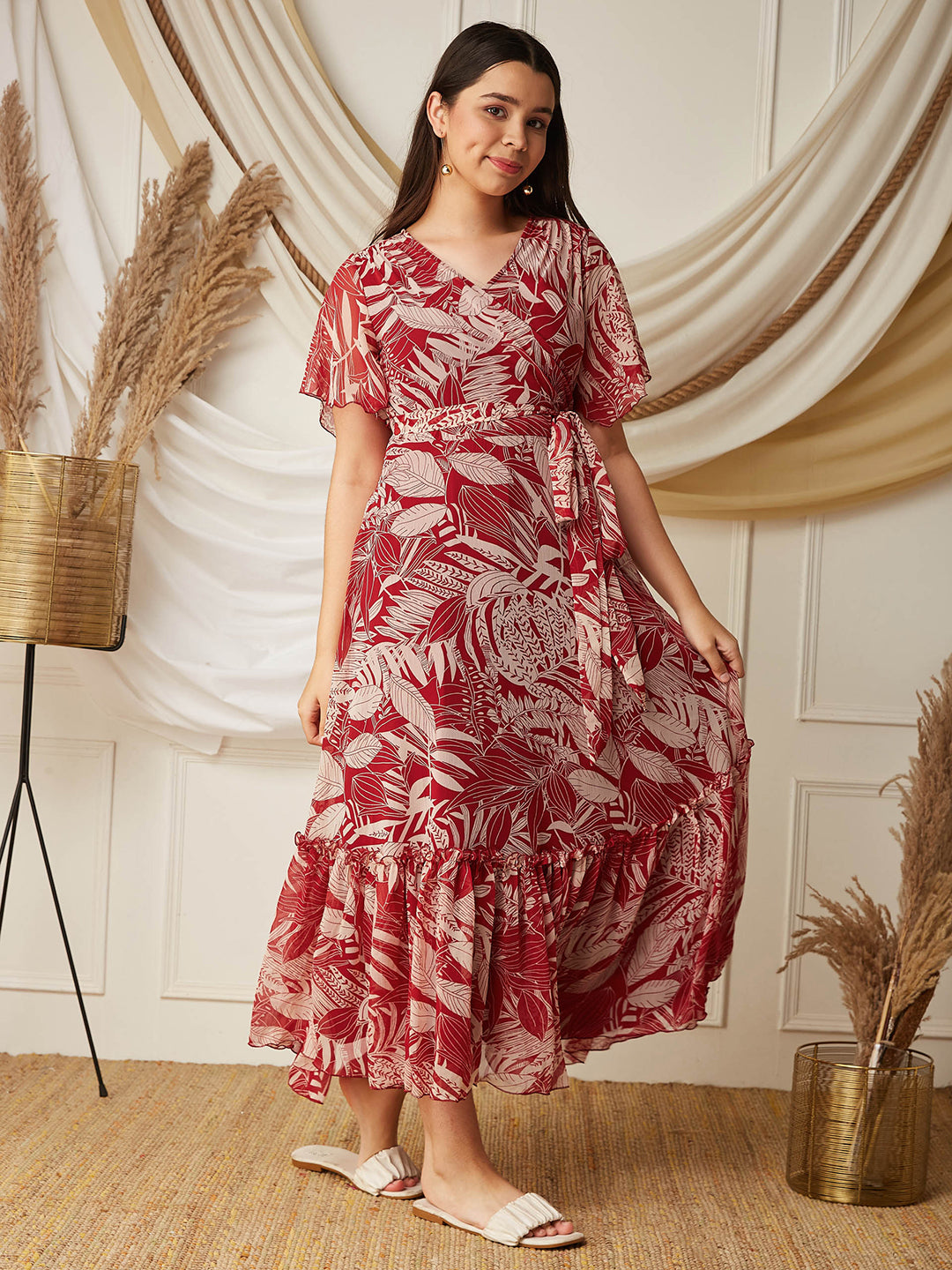 Multicolored-Base-Maroon V Neck Flared Sleeve Floral Wrap Maxi Dress