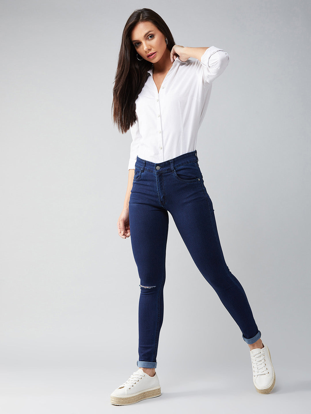 Women's Navy Blue Skinny Fit Mid Rise Knee Slit Denim Stretchable Jeans