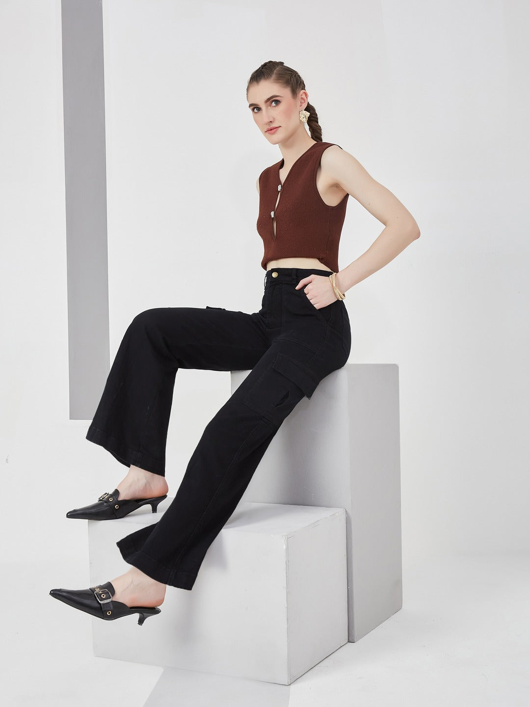 Black Wide leg high-rise Regular Stretchable Denim Jeans for Women