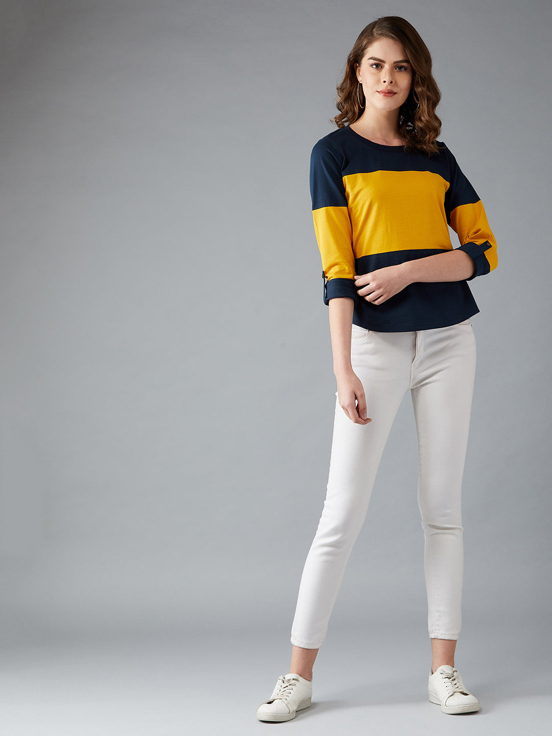 Women's Navy Blue and Mustard Round Neck Full Sleeve Solid Paneled Regular T-Shirt