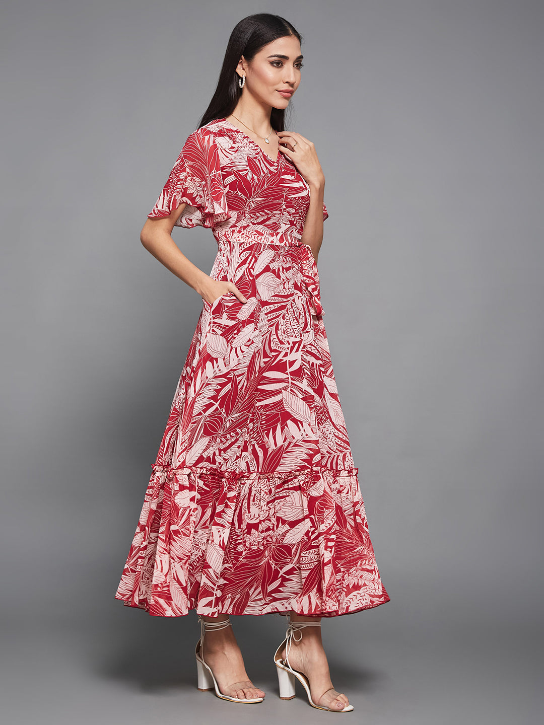 Women's Multicolored Base Maroon V-Neck Flared-Sleeve Floral Wrap Maxi Dress