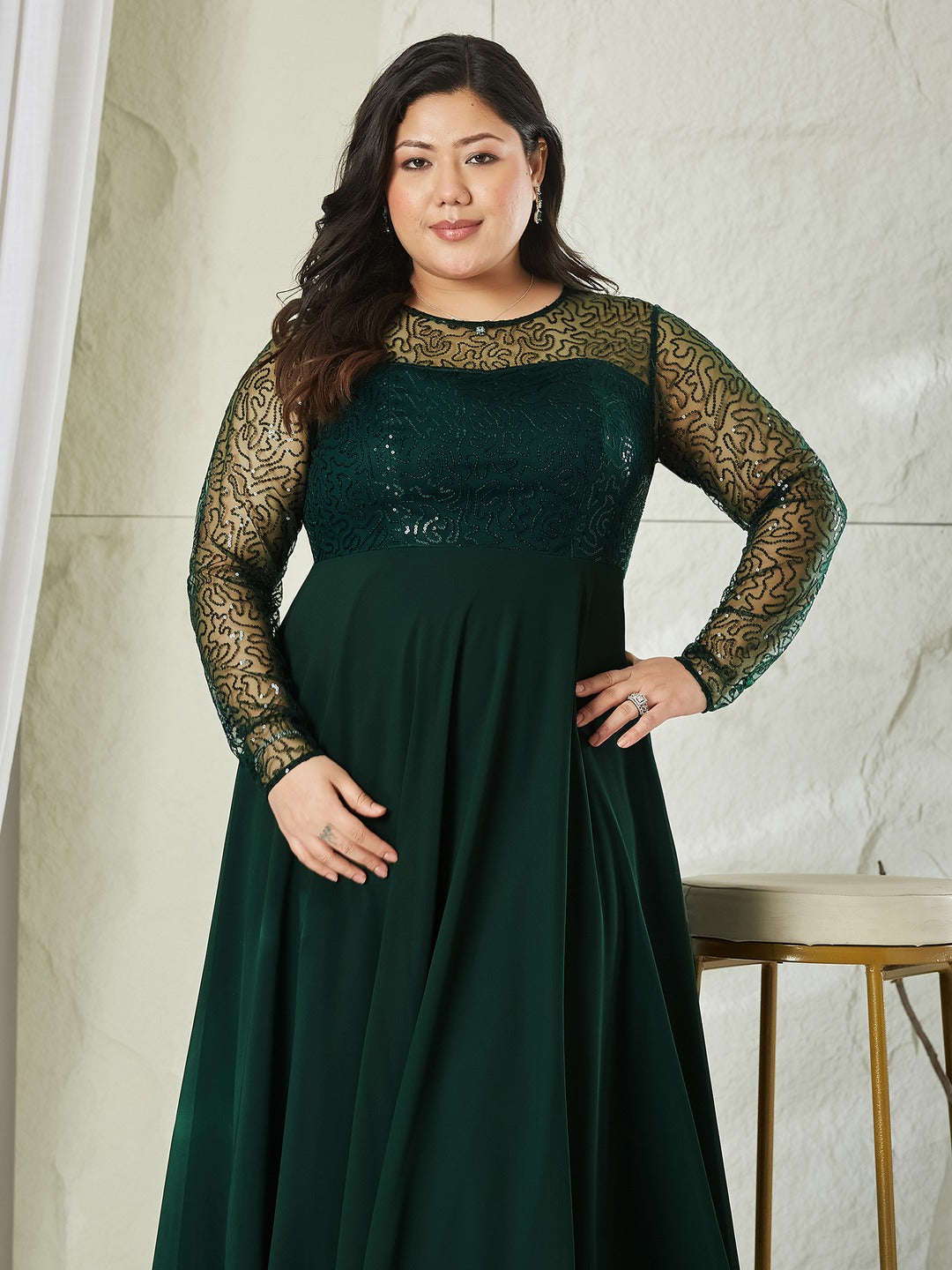 Dark Green Solid Embellished Maxi Dress for Women