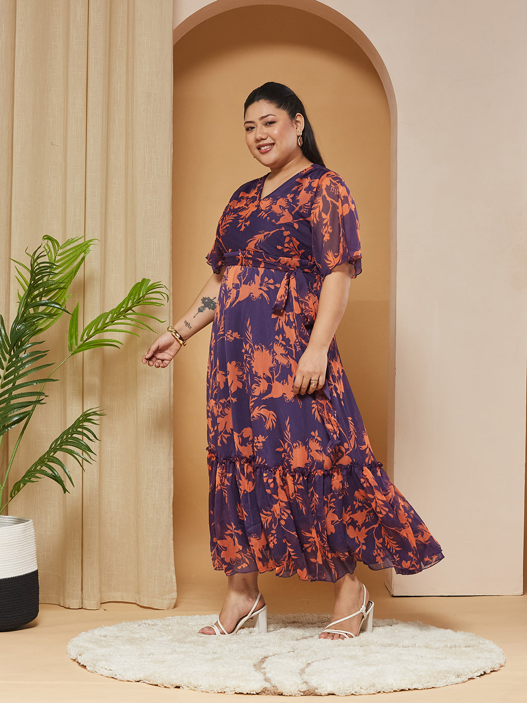 Orange & Purple Floral Wrap Chiffon Maxi Dress with Flutter-Sleeves & Frilled Hem for Women