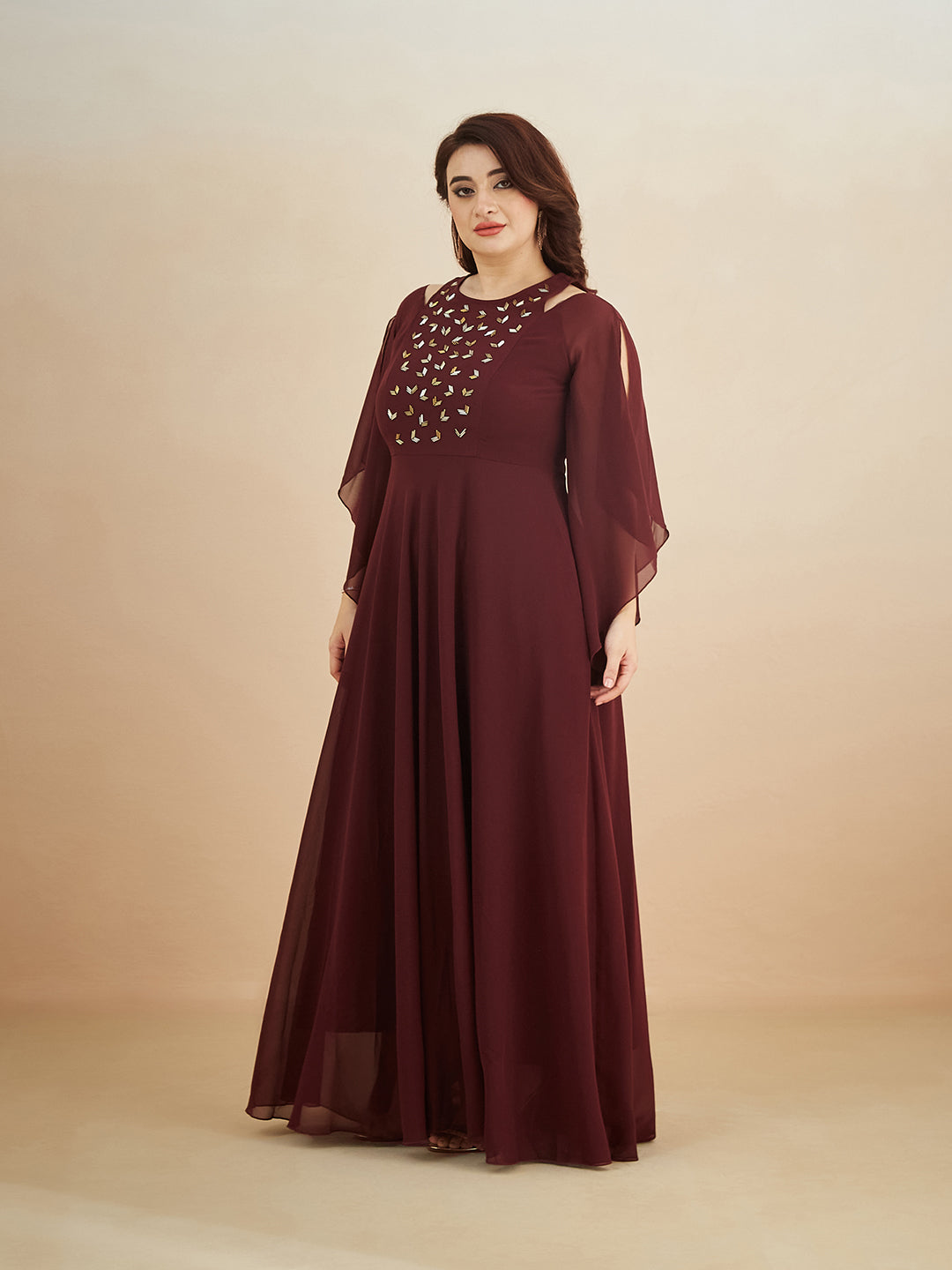 Wine Solid Relaxed Fit Round Neck Flared Sleeve Maxi Dress  for Women
