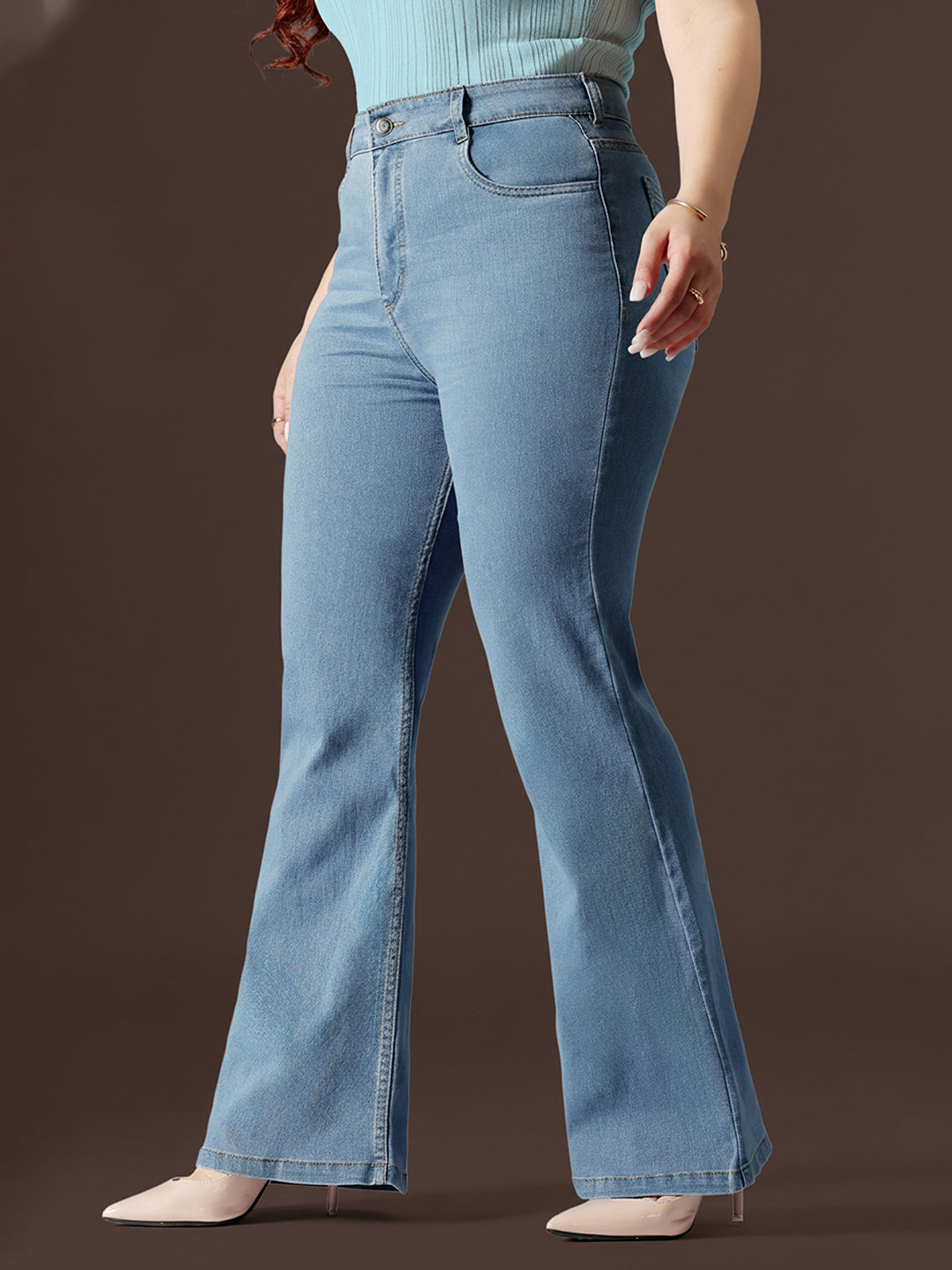 Light Blue Bootcut High rise Regular Stretchable Denim Jeans for Women