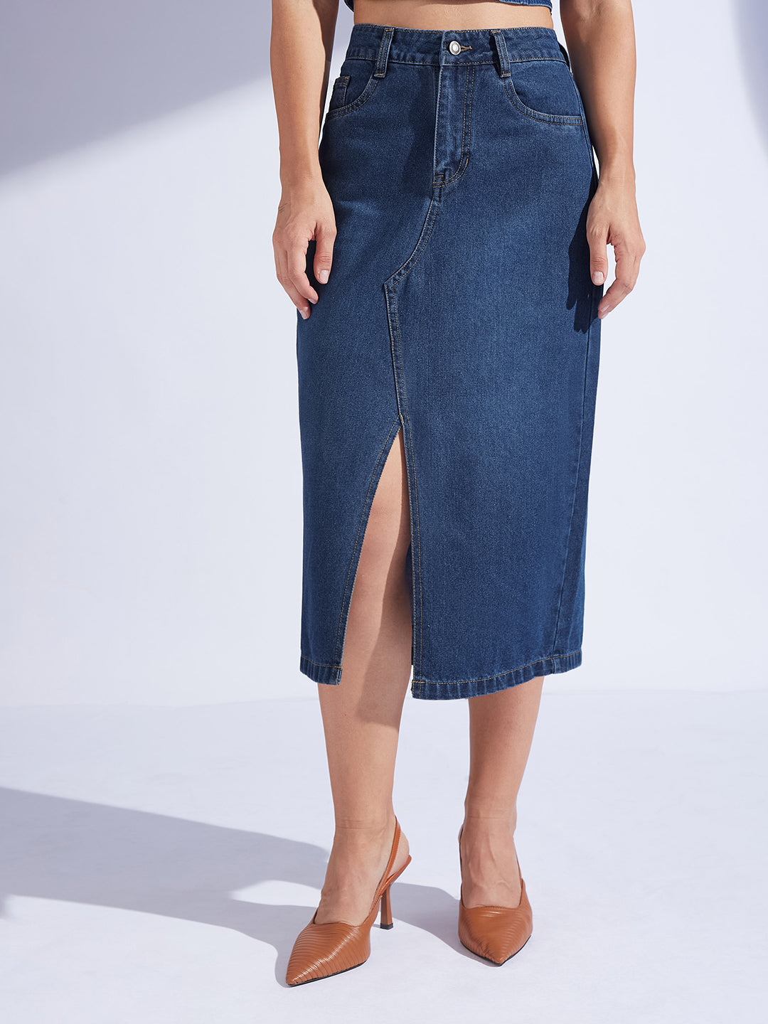 Women's Dark Blue A-Line High-Rise Clean-Look Non-stretchable Denim Midi Skirt