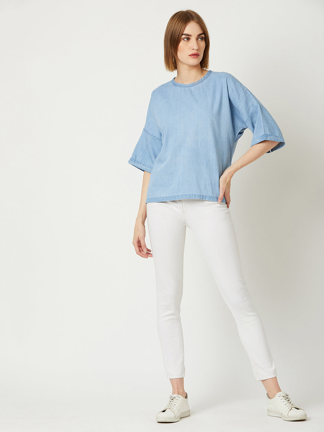 Women's Light Blue Round Neck Half Sleeves Solid Boxy Regular Top