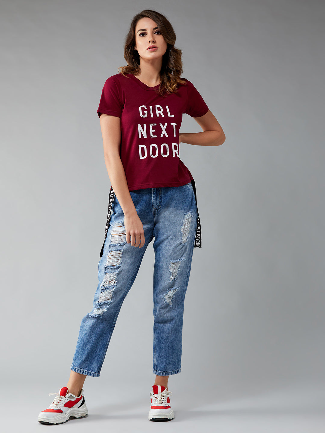 Women's Maroon Round Neck Short Sleeve Printed Basic Crop T-Shirt