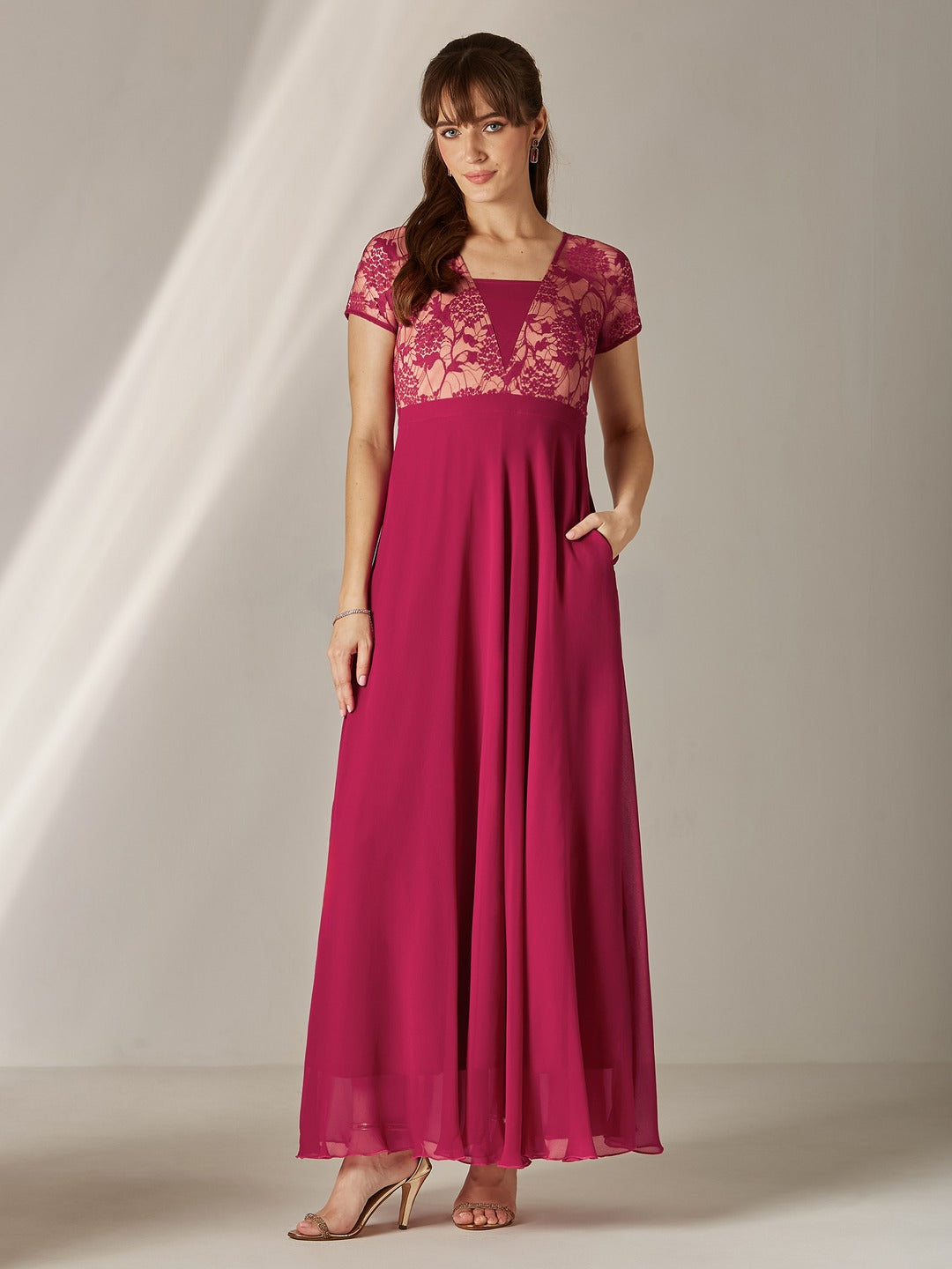 Dark Pink Square Neck Raglan Short Sleeve Self Design Lace Overlaid Georgette Maxi Dress for Women