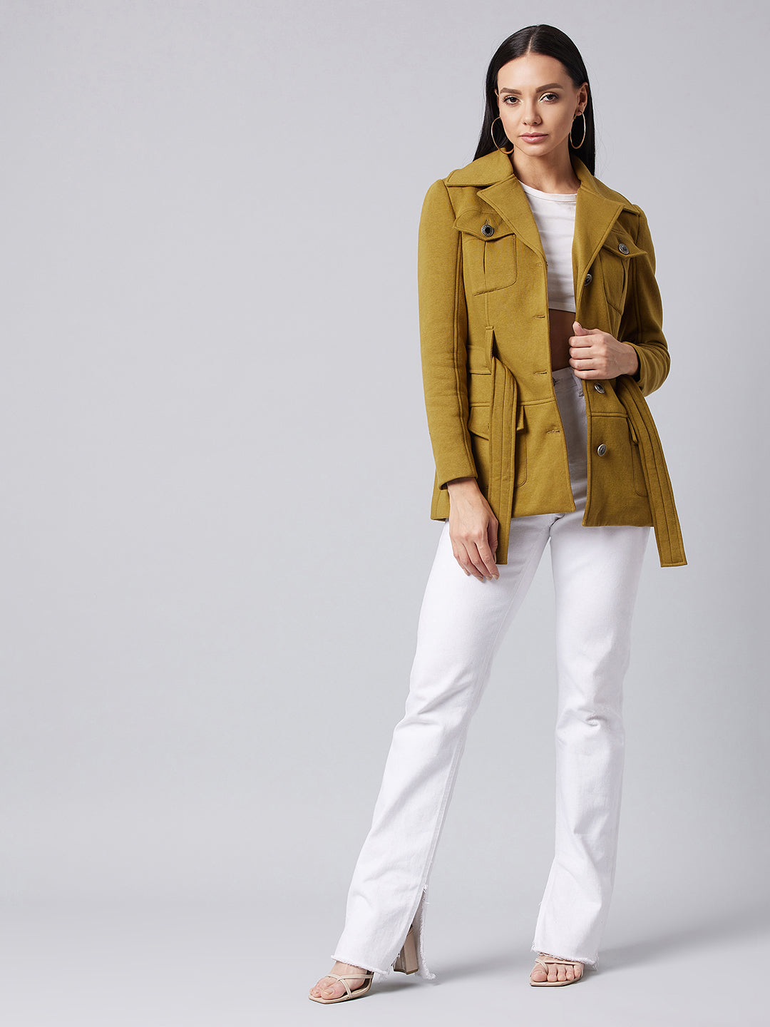 Women's Olive Notch Collar Full Sleeve Solid Safari Longline Jacket