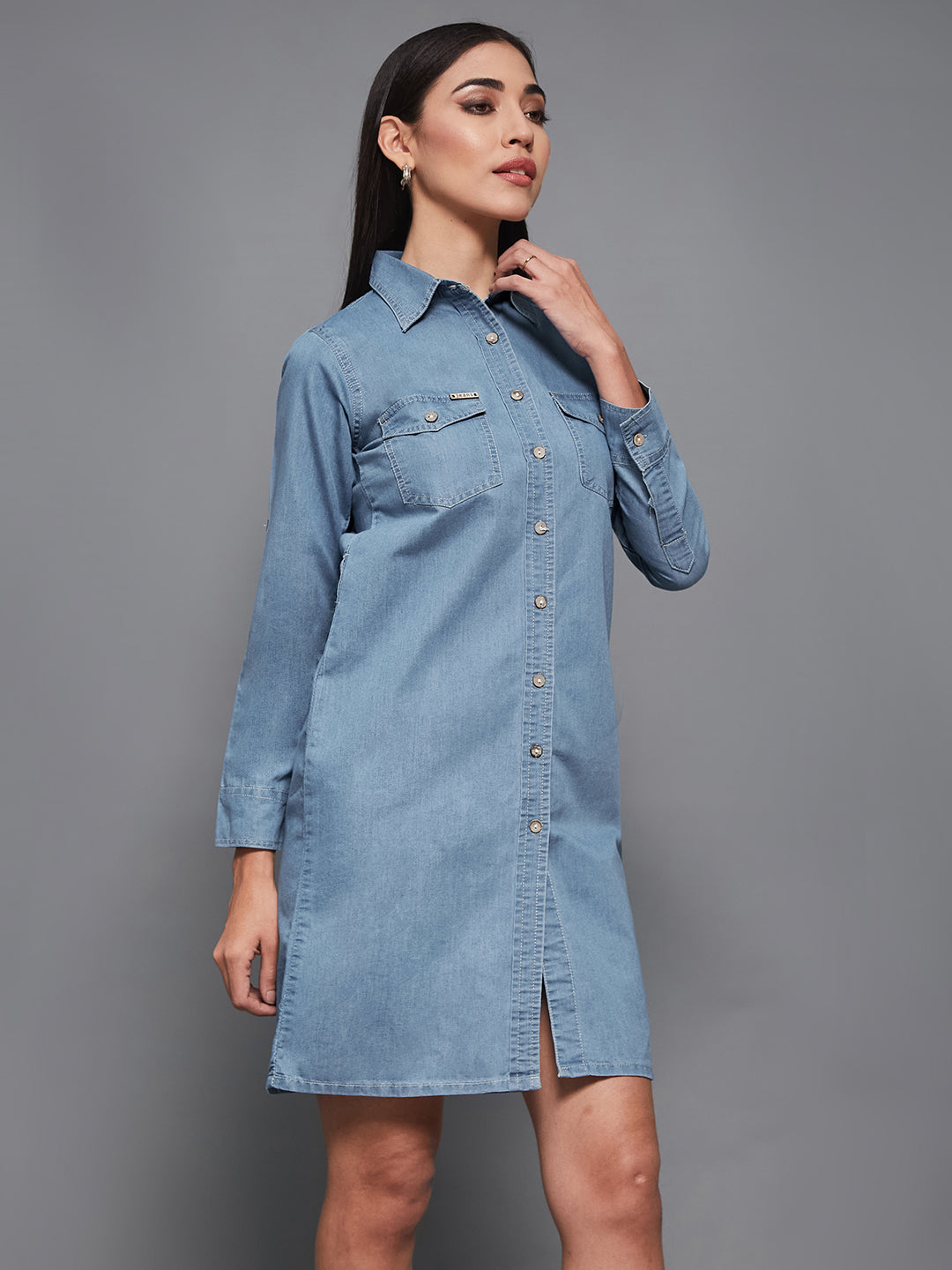 Women's Blue Polo Neck Rolled Up Full Sleeve Denim Solid Buttoned A-Line Mini Dress