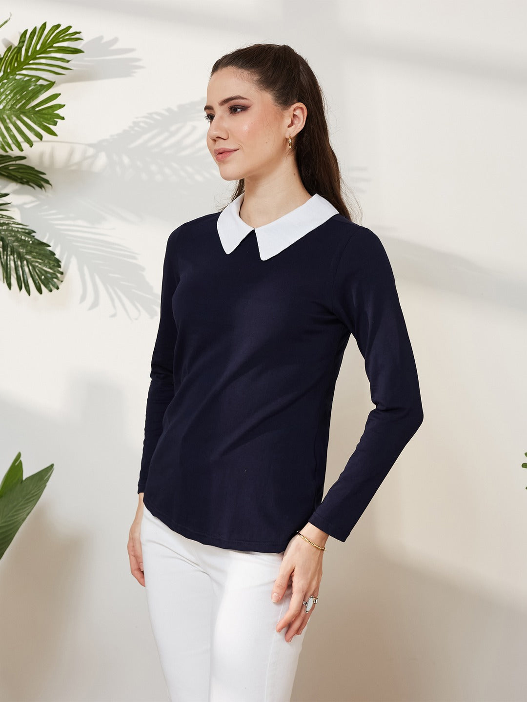 Navy Blue Collared Round Neck Full Sleeve Cotton Solid Buttoned Top for Women