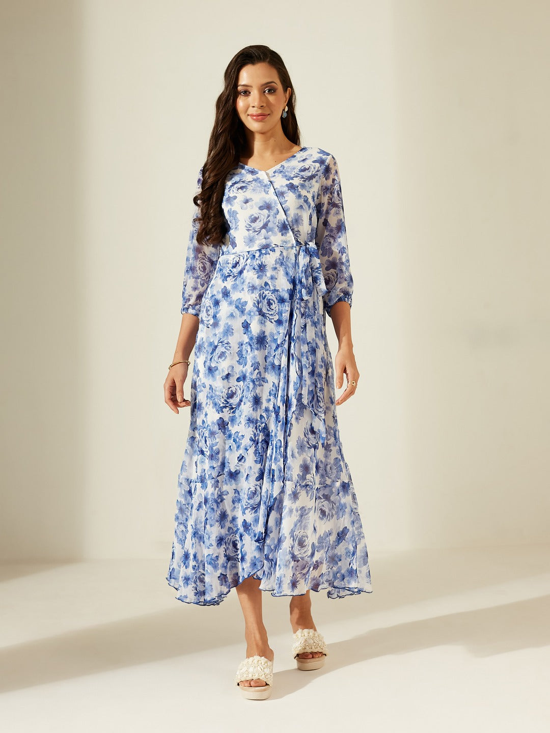 White V-Neck Three-Quarter Sleeve Floral Wrap Chiffon Midi Dress for Women