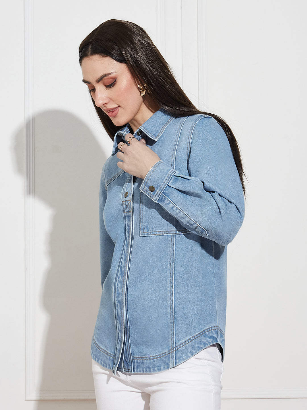 Women’s Light Blue Asymmetric Denim Shirt – Full Sleeves, Relaxed Fit, Collared