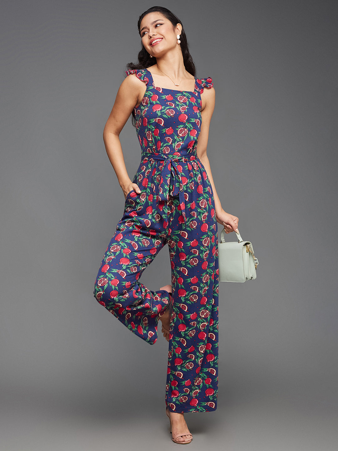 Women's Multicolored-Base-Navy Square Neck Sleeveless Fruit Waist Tie-Up Pure Cotton Regular-Length Jumpsuit