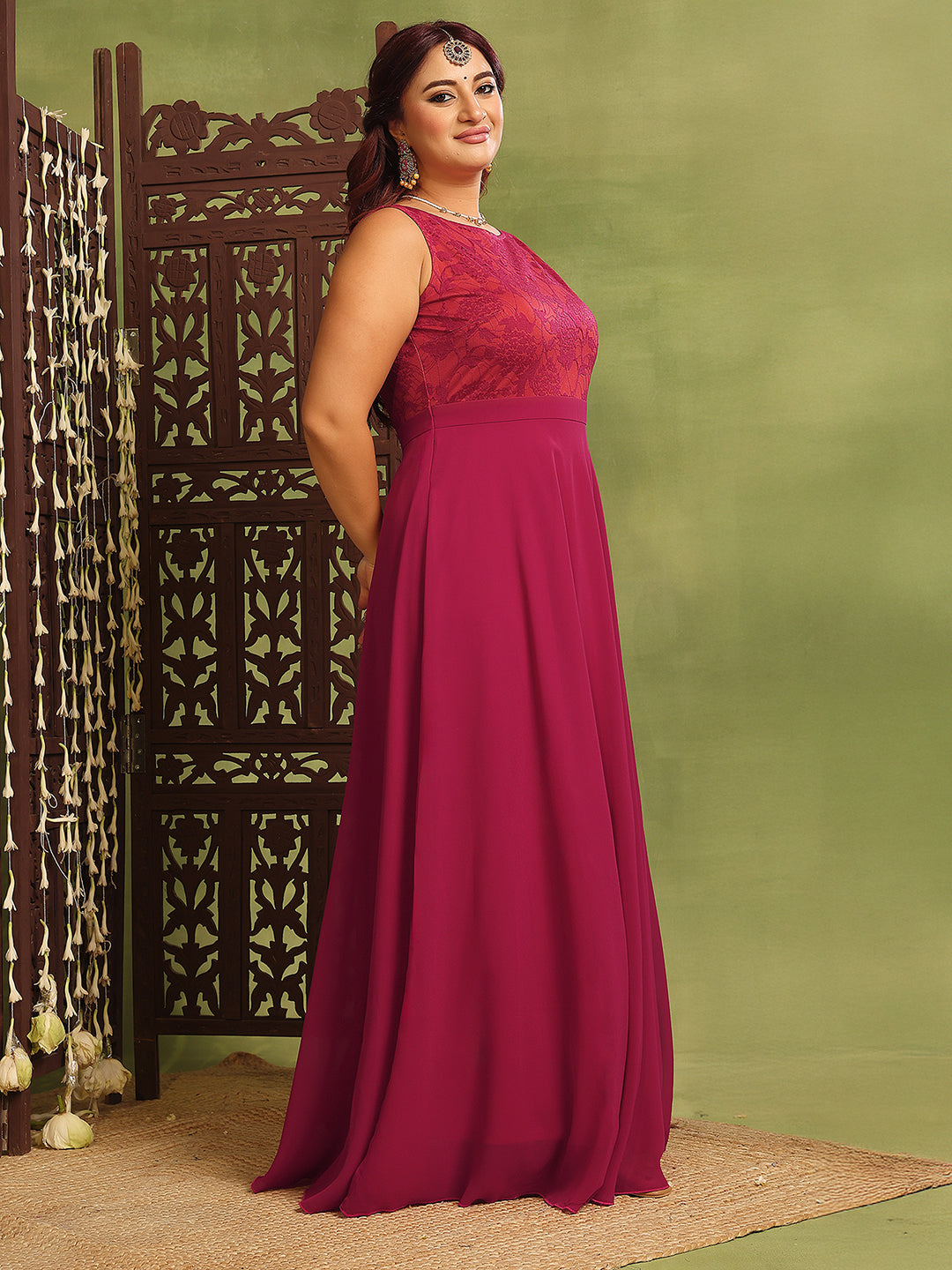 Women's Dark Pink & Rust Boat Neck Sleeveless Self-Design Lace-Overlaid Regular Dress