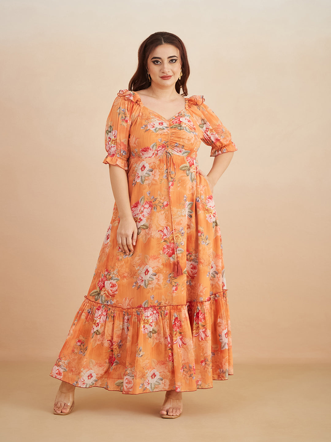 Multicolored-Base-Orange V-Neck Puff Sleeve Floral Ruching Ankle-Length Dress for Women