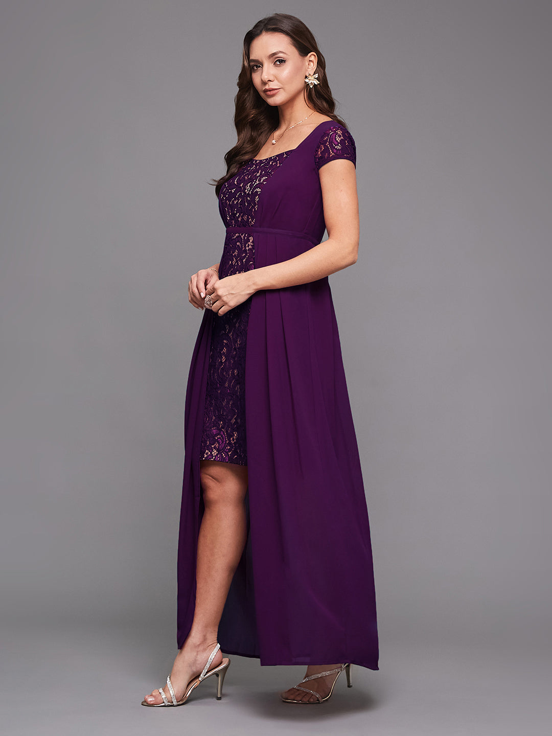 Women's Dark Purple Sweet-Heart Neck Cap Sleeve Self-Designed Pleated Georgette Maxi Dress